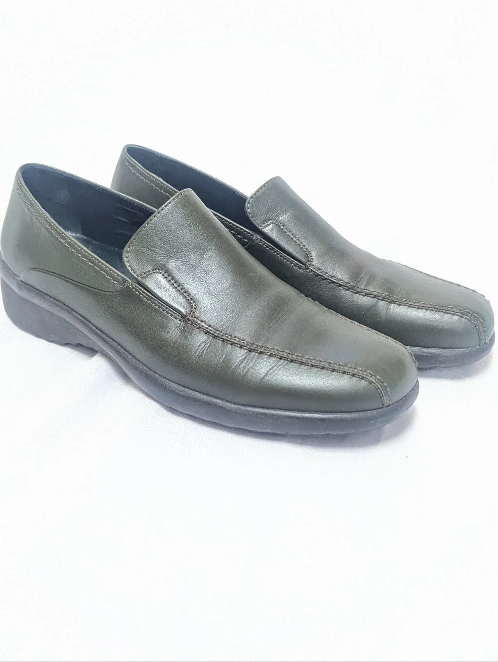 Stonefly Army Green Leather Slip On Comfort Loafers Round Toe EU 41 US 8